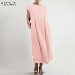 2019 ZANZEA летний сарафан женское платье до середины икры Vestidos элегантное кафтановое платье Femme Повседневные однотонные Хлопковые Платья с
