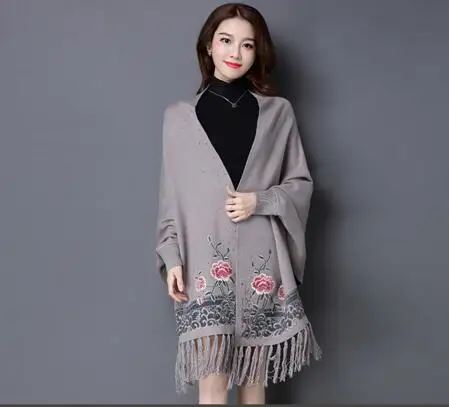 

winter fashion cashmere flower embroider poncho with sleeve for women