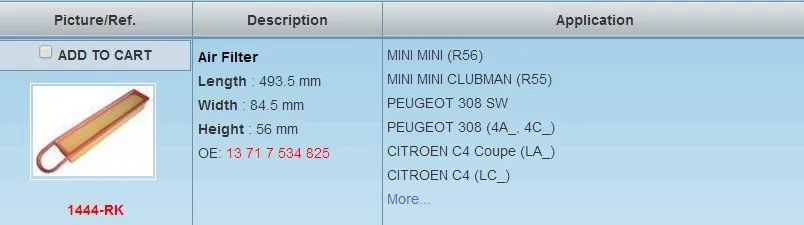Воздушный фильтр для MINI COOPER L2 R55/R56/R57-1.6 2009. Peugeot C4 купе 1,6 T/308. 2012 Citroen DS3 1.6L 13717534825# RK415