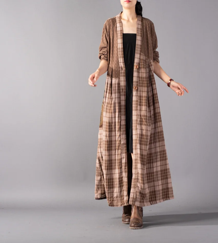 Women Autumn Plaid Patchwork Retro Cotton Linen Trench Coat Outwear ...