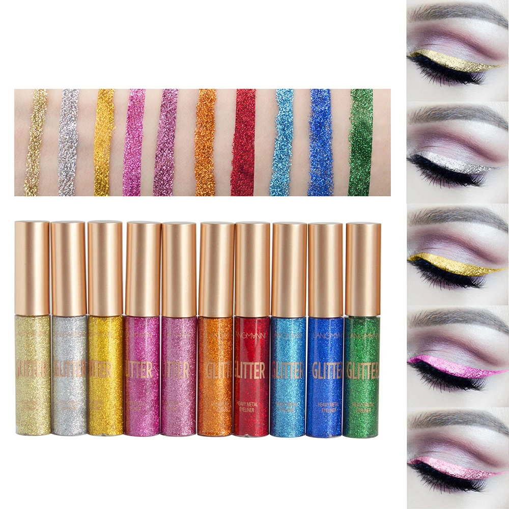 Langmanni Pro 10Pcs/set Liquid Metal Shiny Eyeliner Flash Eye Makeup