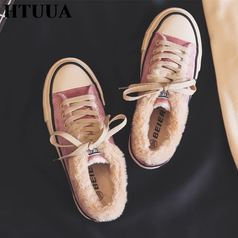 

HTUUA Autumn Winter Shoes Women Flock Warm Plush Flat Shoes Woman Furry Fur Casual Sneakers High Quality Cotton Baskets SX1810