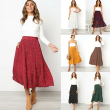 Модные женские туфли Юбка-миди свободные с высокой талией ретро стрейч Цветочный Горошек Мульти-печатных расклешённая и в складку дамы Конькобежец юбка