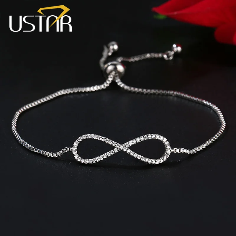 

USTAR Infinity Charm Bracelet for Women Micro Paved Cubic Zirconia Silver color adjustable chain crystals Bracelet femme gifts