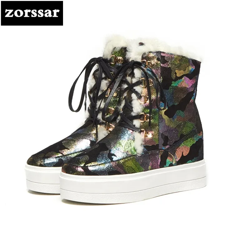 

{Zorssar} Brands 2018 New fashion Camouflage Warm Plush snow boots Women Ankle Boots High heel platform boots winter woman shoes