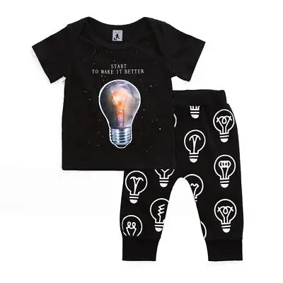 

LED Ligth up Toddler Baby Boy Outfits Clothes Bulb Print T-shirt+Pants 2pcs Set