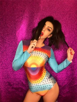

Women's Sexy Rainbow Print Bodysuit Female Singer Stage Costume Leotard Nightclub Party Celebrate Stretch Dance Costume DJ DS