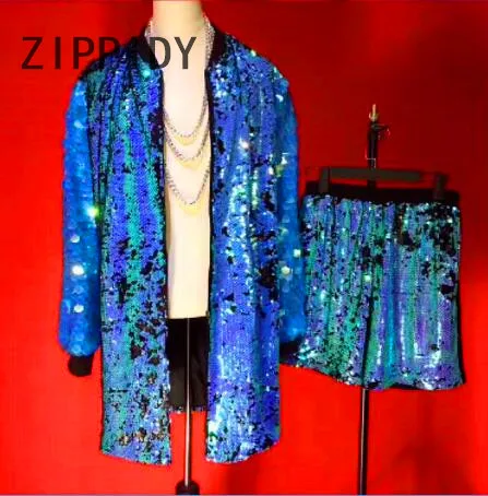 Большой размер, S-4XL, синяя, яркая, чешуя, с блестками, мужская длинная Дизайнерская куртка, короткая, для певицы, Ds Bar, вечерние, для шоу, сценический костюм, комплект одежды - Цвет: blue jacket short 2