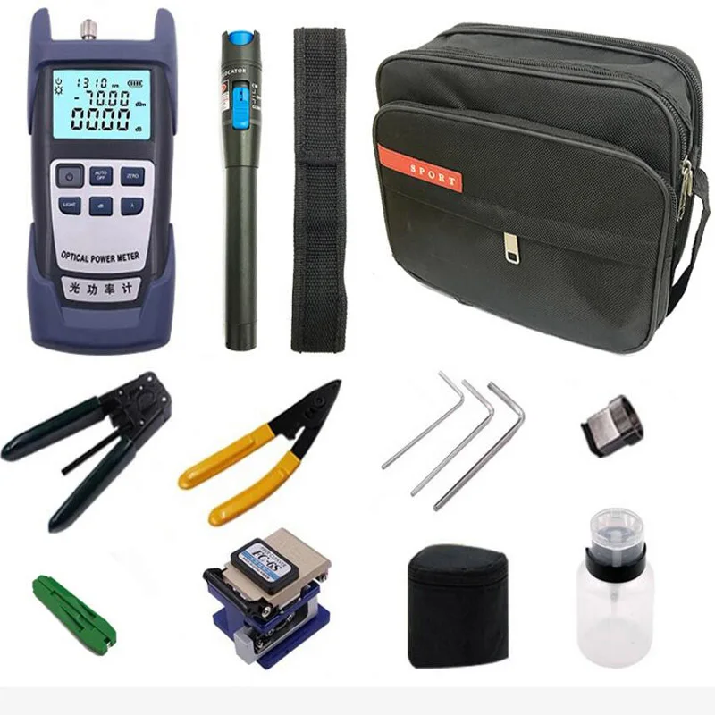

FTTH Fiber optic Tool Kits with Fiber optic Cleaver FC-6S Optical Power Meter 5KM alcohol bottle stripper CFS-2