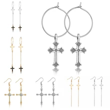Estilo Punk Cruz Balançar Gota de Cristal Brincos Longos De Ouro Cor Prata Borla Brincos Artesanais Moda Declaração de Jóias(China)