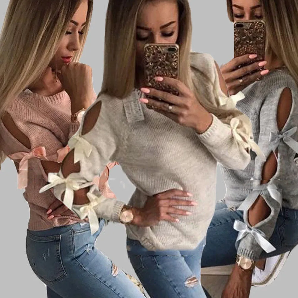 

Women Casual Solid Bow Tie Pullover Loose Sweater Jumper Tops Knitwear Women's Solid Color Lace Knot Knit Sweater