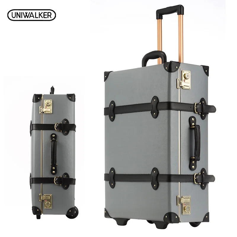 

UNIWALKER 20 22 24 inches Gray Cow Leather Travel Trolley Luggage Waterproof Cowhide Suitcase Bag With TSA Lock