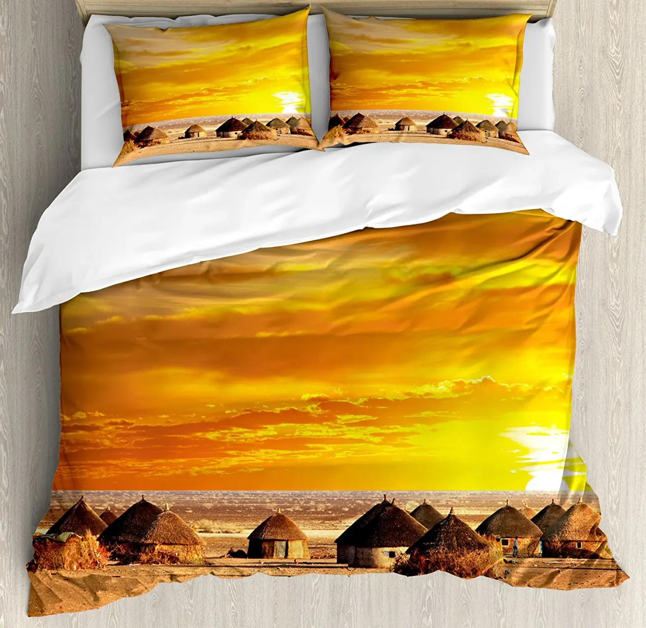 

African Duvet Cover Set African Landscape of a Small Town with Horizon Skyline at Dawn Ethiopian Photography 4 Piece Bedding Set