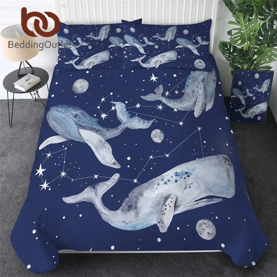 

BeddingOutlet Whale Bedding Set Sea Animals Comforter Cover Universe Watercolor Home Textiles Constellation Stars Bed Set 3pcs