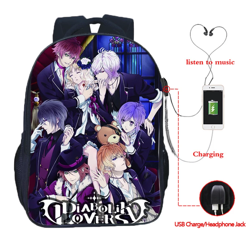 

DIABOLIK LOVERS USB Charge Backpack Men Women Boys Girls School Bags Fashion USB Laptop Backpack Teens Schoolbag