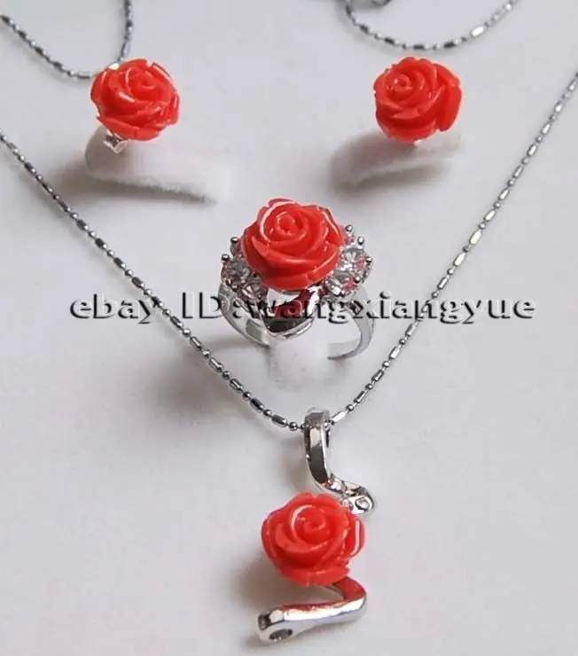 

12MM Hand Carved Pink Coral Flower Earrings/Ring/Necklace Pendant Set AAA style 100% Natural lab fine stone Noble Fine jewe