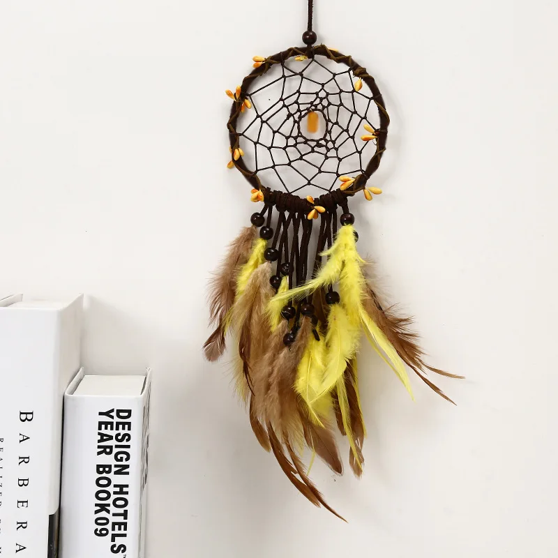 

2019 LF Sxsounai Simple Yellow Feather Crafts Dream Catcher Dreamy Wind Chimes Handmade Dreamcatcher Net Wall Hanging Home Deco