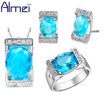

Almei 40% off Silver Jewelry Sets for Women Wedding Half Round Oval Ocean Blue Stone CZ Zircon Ring Earring Necklace T094