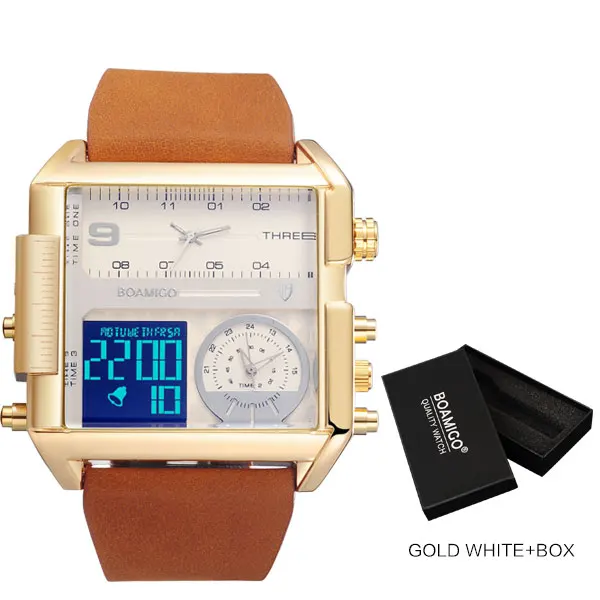 Relogio masculino BOAMIGO, 3 часовых пояса, хронограф, кварцевые часы, мужские водонепроницаемые Роскошные спортивные мужские часы, мужские наручные часы - Цвет: Gold White With Box
