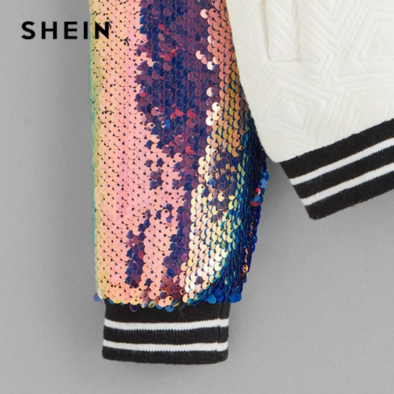 amazing  SHEIN Kiddie Sequin Raglan Sleeve Zipper Slogan Letter Print Girls Jacket Coat Kids Clothes 2019 Sp
