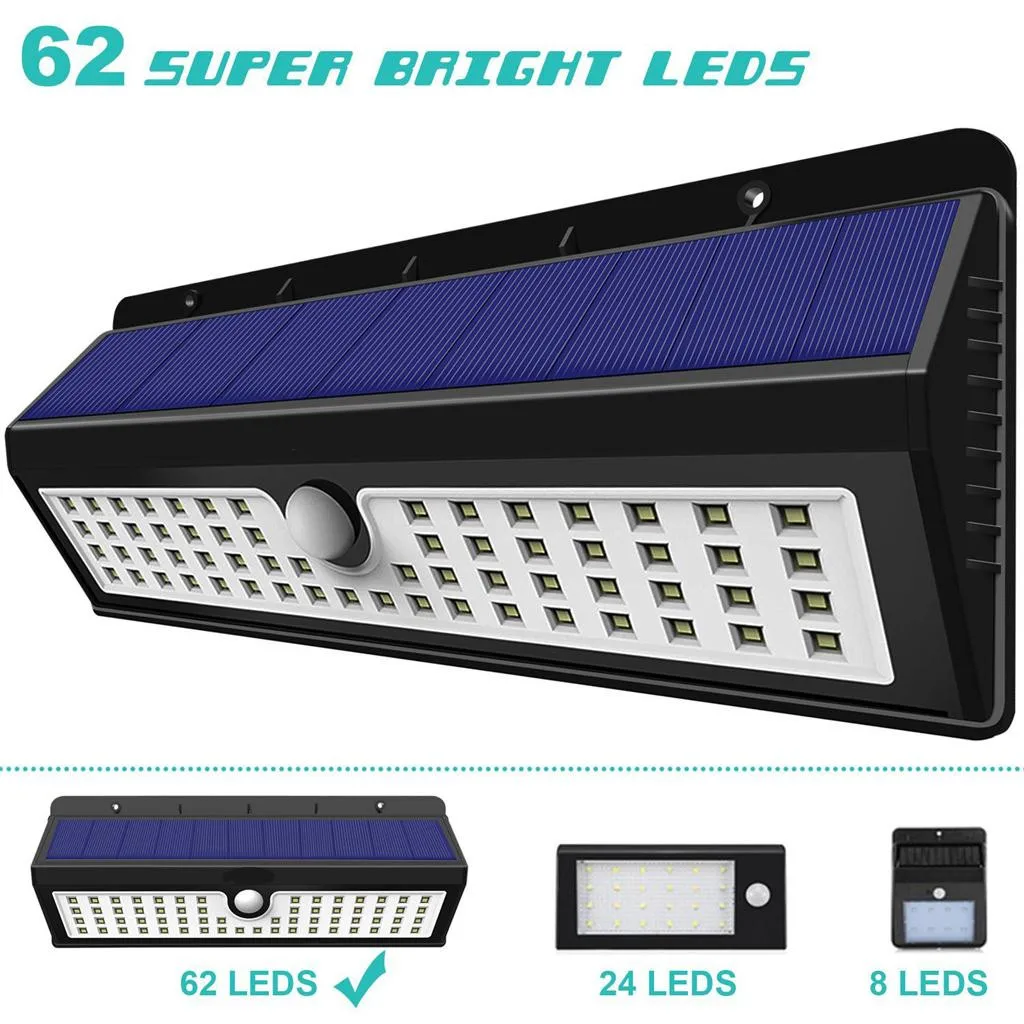 

Solar Power PIR Motion Sensor Wall Light Outdoor Garden Waterproof Lamp 62LED infrared sensor 18650 lithium battery LED light