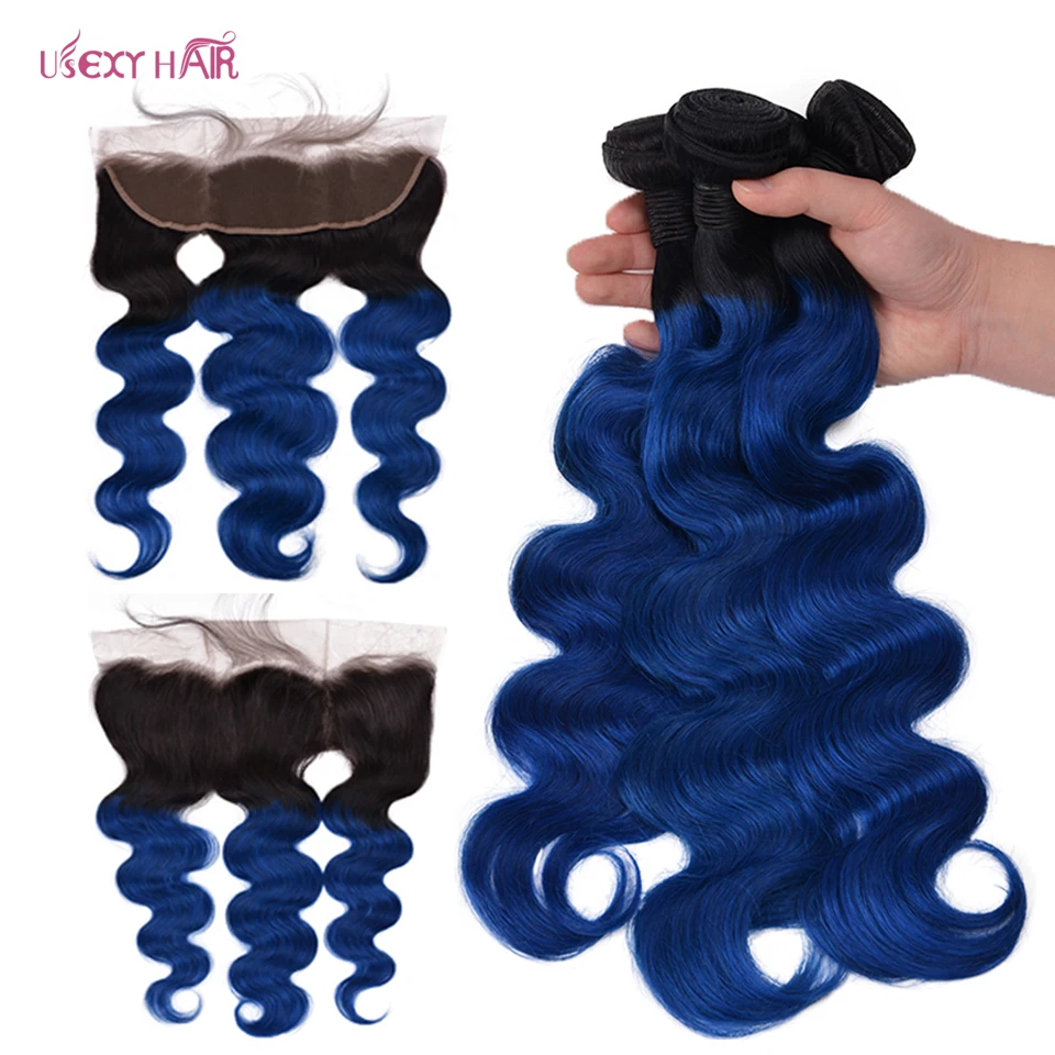 USEXY волосы 1B/синий пучки волос от светлого до темного цвета с фронтальной бразильский человеческие волосы переплетения средства ухода за