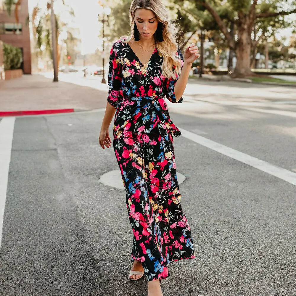 

2019 Summer Women Floral Chiffon Half Sleeve Casual Party Vintage Boho Maxi Dress