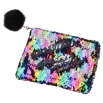 

Fashion Sequin WoMan Glitter Cosmetic Bag Fur Ball Pencil Box Makeup Case Organizer