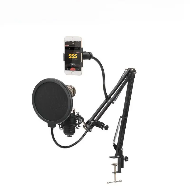 

New Adjustable Recording Microphone Arm Stand with Mic Round Shape Wind Pop Filter Mask Shield and Phone Holder