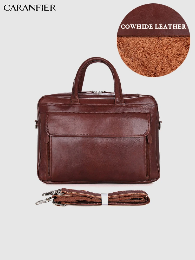 

CARANFIER Mens Briefcase Genuine Cowhide Leather Multi-function Large Capacity 15 Inches Laptop Bags Business Office Handbags