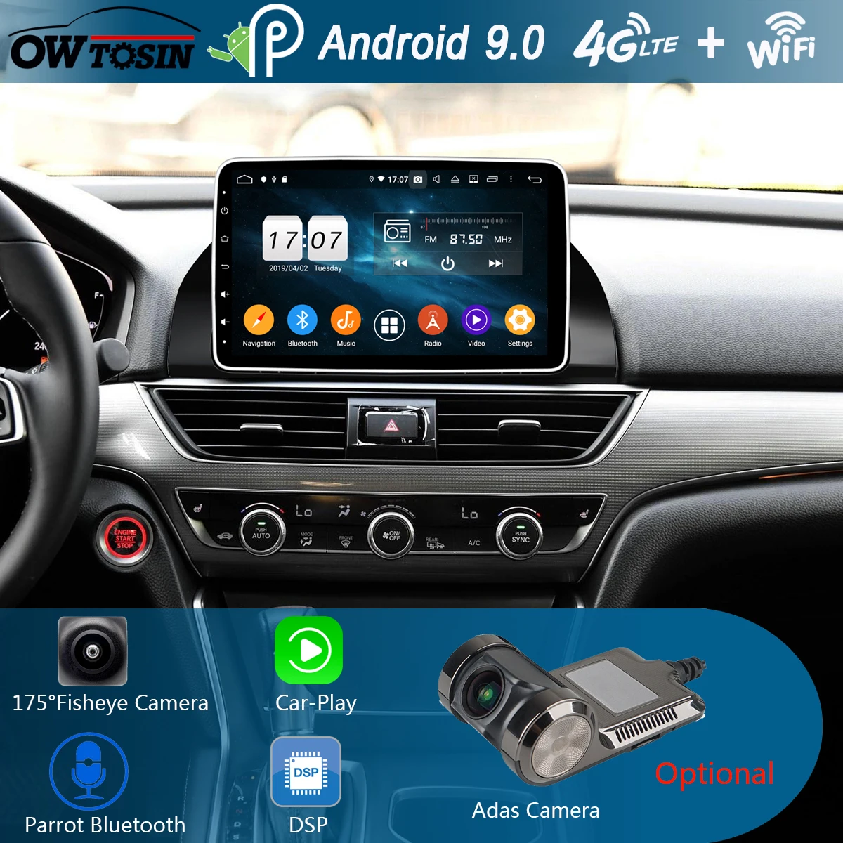 

10.1"IPS Octa Core 4G+64G Android 9.0 Car DVD GPS Navi Radio For Honda Accord 10 2018 2019 DSP CarPlay Multimedia Adas Parrot BT