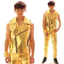 S-5XL Новинка года Для мужчин singer, одежда DG BIGBANG диджей модные сапоги в панковском стиле, сапоги в золотой тонкий кожаный жилет для девочек комплект со штанами; большие размеры Мужские Сценические костюмы