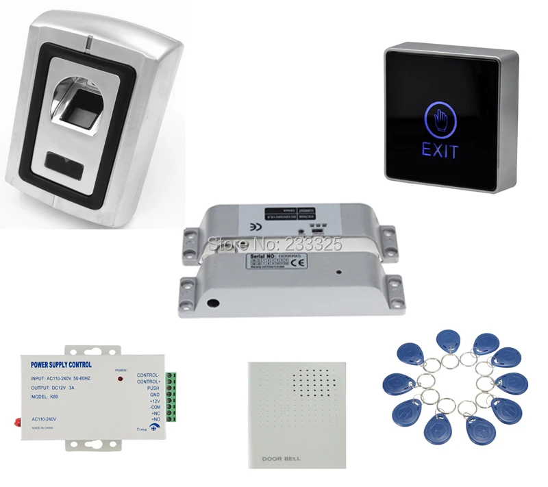 

Metal Case Access Control Fingerprint RFID Electric Door lock kit with power supply push button keytags(no doorbell included)