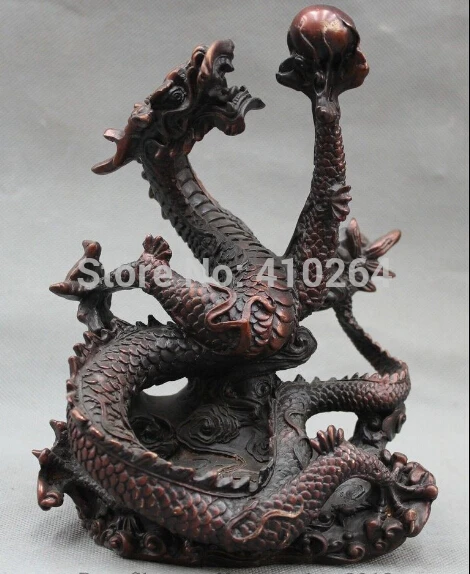 

8" Chinese Bronze Zodiac Year dragon drama pearl Statue sculpture Feng Shui