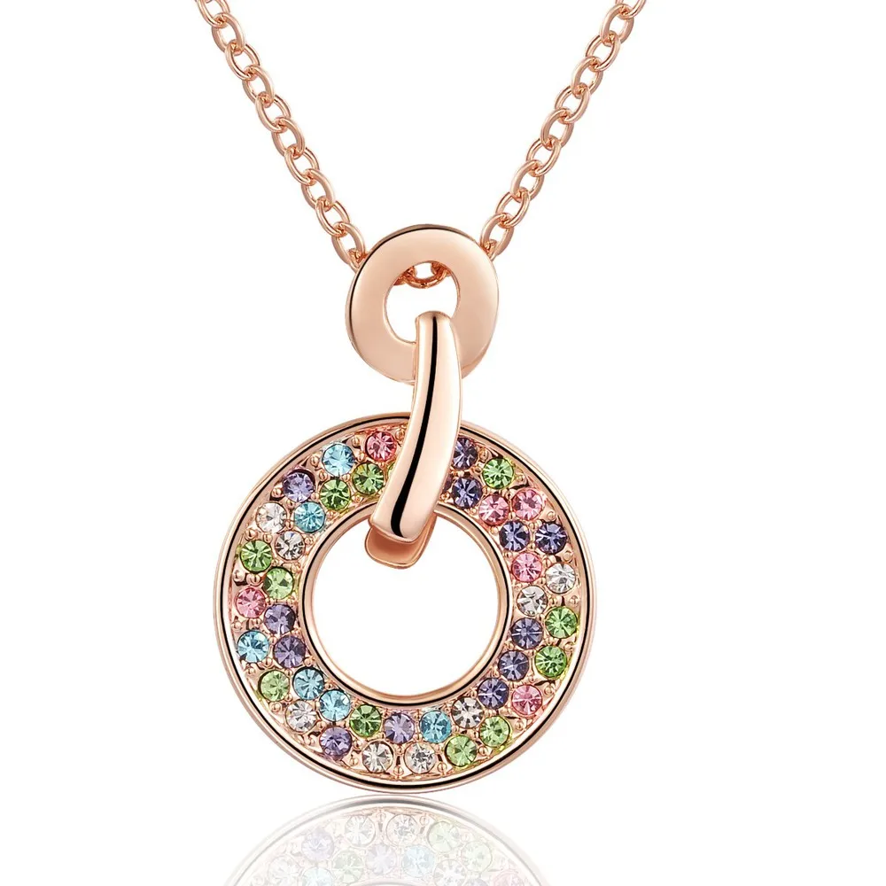 Austrian Crystal Circle Pendant Necklace Cheap Costume Jewelry Rose
