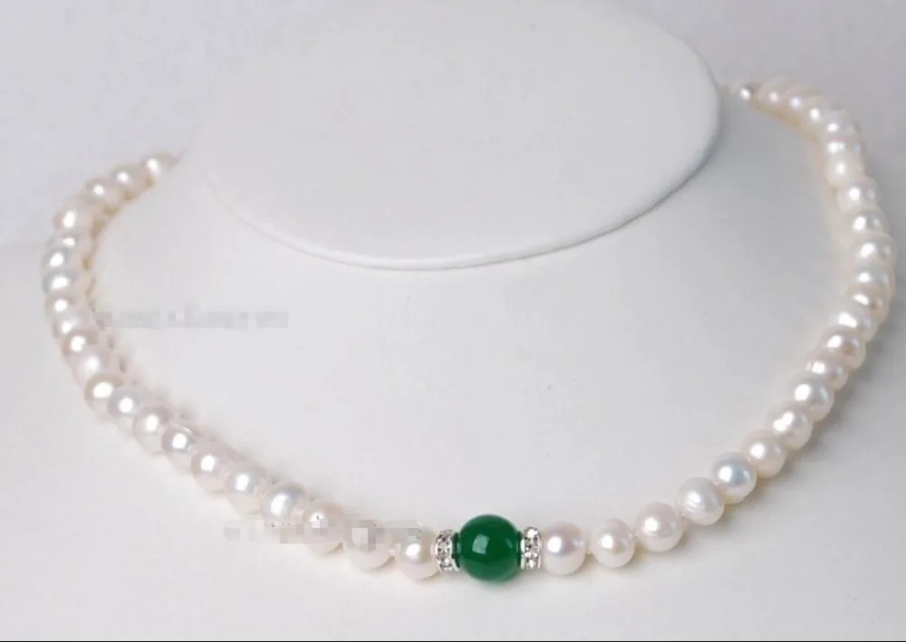 

Hot sale new Style >>>>>Real 7-8mm White Akoya Pearl & Green Emerald Round Beads Necklace 17