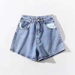 Новые летние уличные тренд Высокая талия однотонная Джинсовая шорты для женщин для, Тонкий ретро пикантные джинсовые широкие брюки