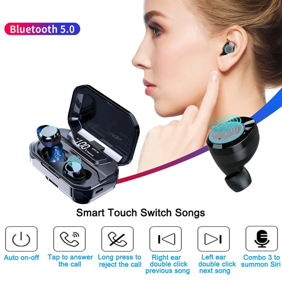 G02 TWS 5.0 Bluetooth Wireless Earphones 6D Stereo Bluetooth earbuds IPX7 Waterproof touch control 3300mAh LED Smart Power Bank