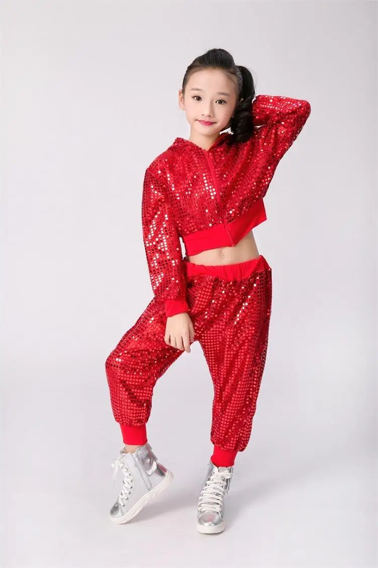 Детский танцевальный костюм джазовая одежда стиль блесток хип-хоп танец джаз дети танцевальные соревнования представление сценическая одежда - Цвет: Красный