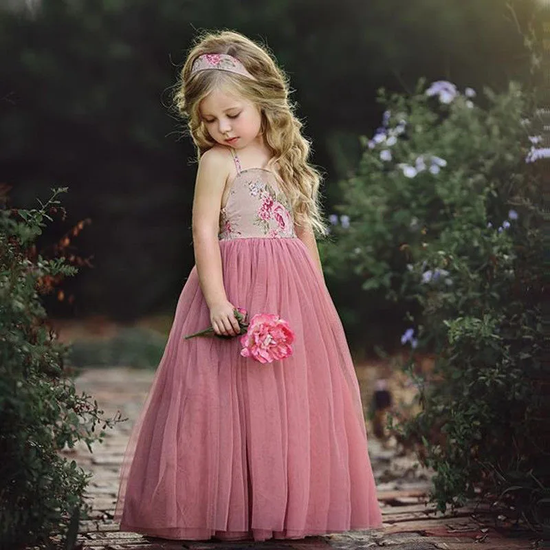 Princess Children Girls Lace Floral Dress Sleeveless Halter Style Grace Little Ladies Party Gown Formal Sundress | Детская одежда и