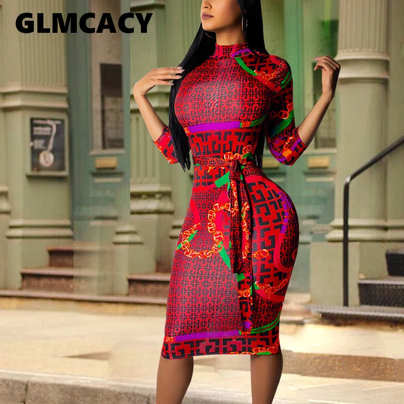 

Plus Size Women Vintage Printed Bodycon Dress Casual Office Ladies Elegant Half Sleeve Knee Length Dress Party Club Vestidos