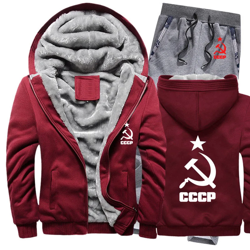 Зимний флисовый утолщенный спортивный костюм CCCP, русские толстовки с капюшоном, мужской комплект, повседневный теплый комплект из 2 предметов, толстовки с капюшоном в советском стиле, куртка+ штаны