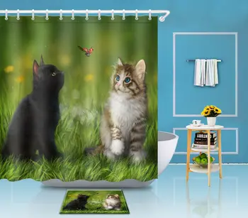 

Funny Cats and Ladybug Fabric Shower Curtain Set Bathroom Curtains Liner