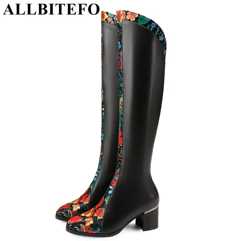 

ALLBITEFO natural genuine leather +sheepskin women high boots ladies girls over knee boots sexy high heel Spring Autumn shoes