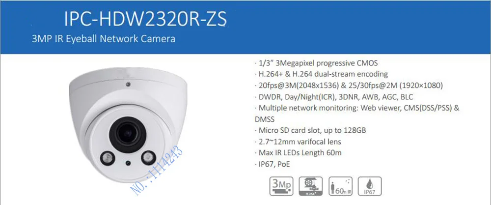 

Free Shipping DAHUA Security IP Camera CCTV 3MP IR Eyeball Network Camera H.264 with POE IP67 Without Logo IPC-HDW2320R-ZS