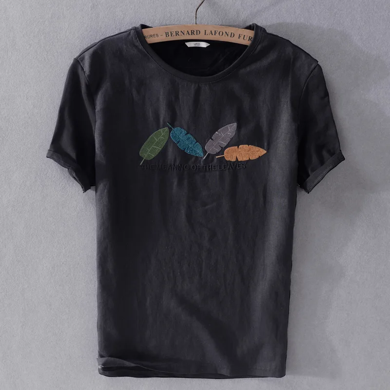 

Summer black t shirt men brand linen t-shirt mens o-neck solid embroidery t shirts male tops casual tshirt man camiseta chemise