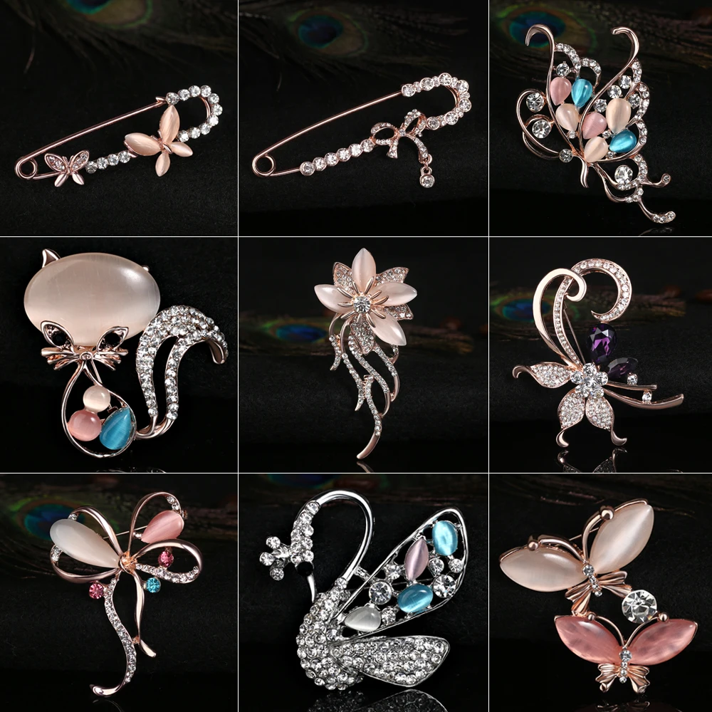 

Elegant animal Shape Opal Brooch women Alloy Inlay Rhinestone Ladies Clothing 9 style Pin Brooches Fashion Jewelry Accessories