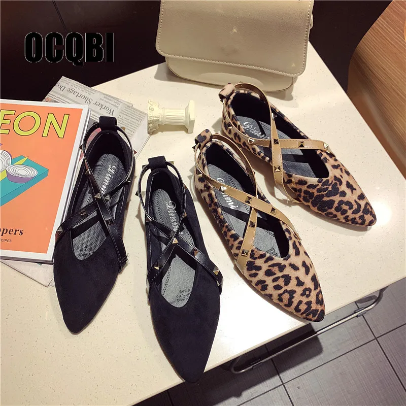 

Women's Leopard Printed Flats Rivets Shoes Pointed Toe Slip-On Cross Strap New Style 2019 Size 35-39 designer rivet fashion