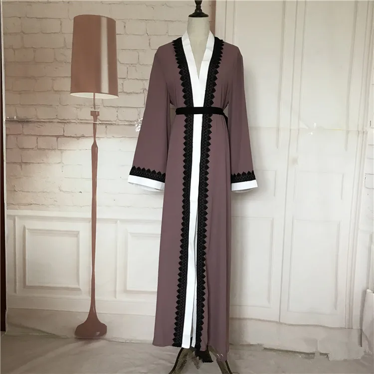 

Muslim stitching lace coffee cardigan djellaba turkish women clothing long coat dubai fashion high quality cardigan outwear belt