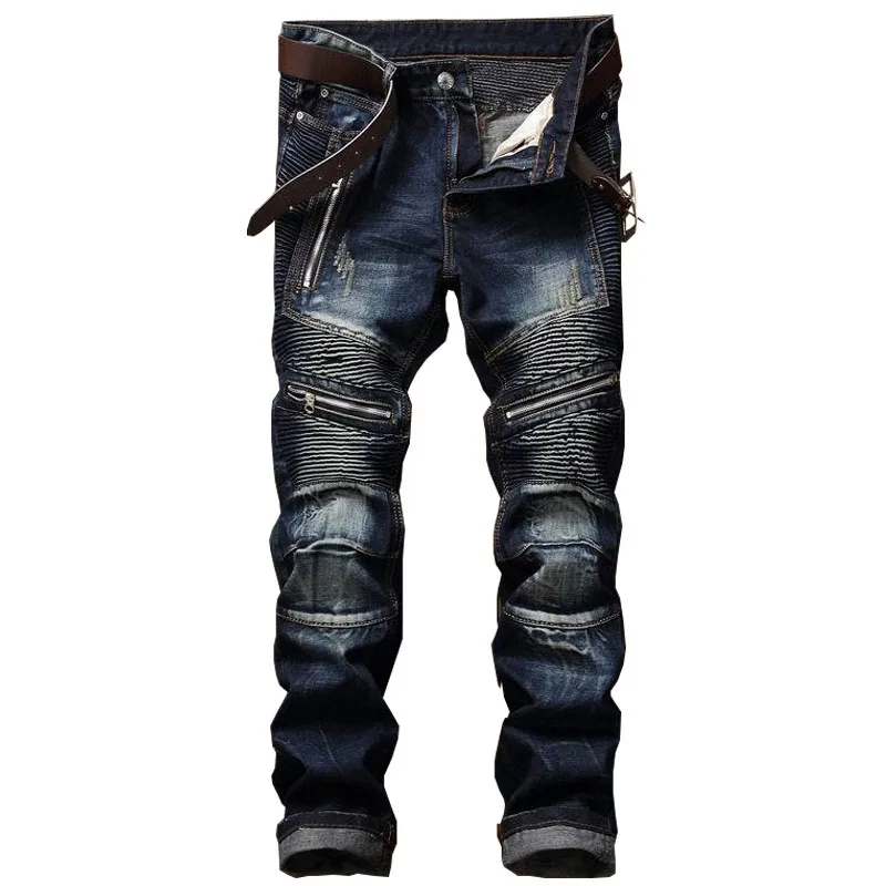 

Men's Pleated Biker Jeans Pants Slim Fit Designer Motocycle Denim Trousers for Male Straight Washed Multi Zipper Jeans
